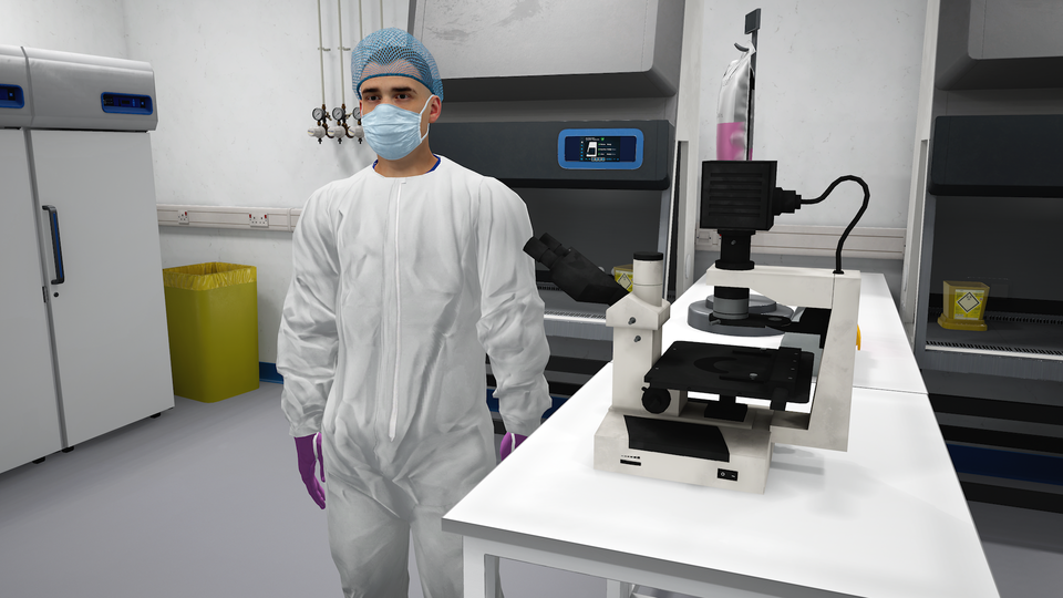 The image depicts a clean, well-lit laboratory equipped with workstations, chairs, scientific equipment, and a fume hood.